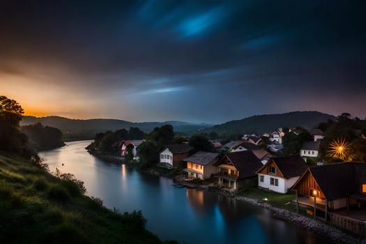 photo wallpaper the sky, river, houses, sunset, the village, river, the village,. AI-Generated