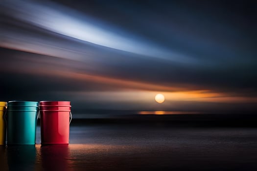 three colorful buckets sit on the beach at night. AI-Generated photo