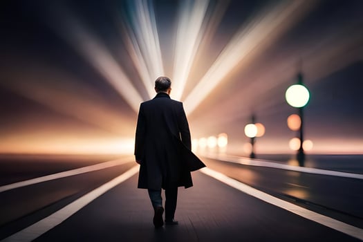 a man in a black coat walks down a road at night. AI-Generated photo