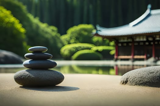 a stack of rocks in front of a pagoda. AI-Generated photo