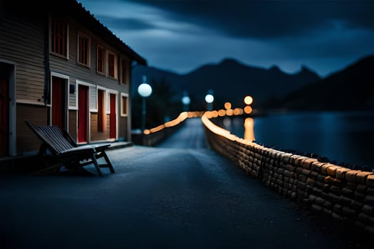a long walkway with lights on the side of the road. AI-Generated photo