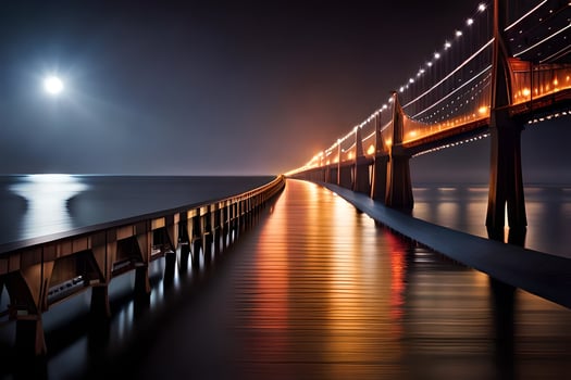 a long bridge with lights on it at night. AI-Generated photo