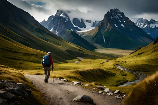 the man is walking on the path in the mountains. AI-Generated photo