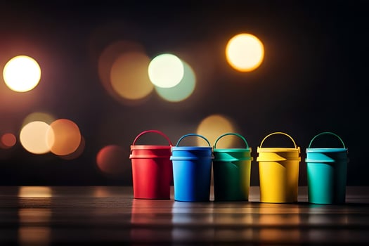 a row of colorful plastic buckets on a table. AI-Generated photo