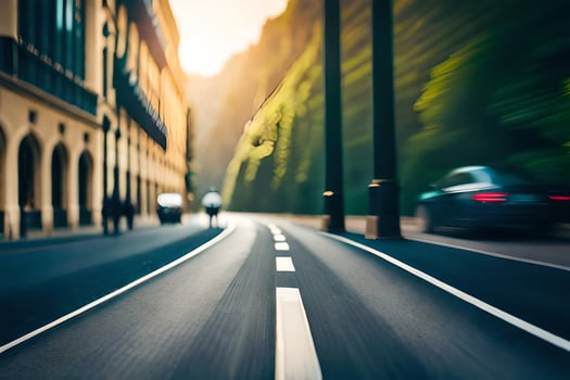 a blurry image of a car driving down a street. AI-Generated photo