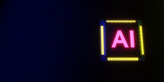 Glowing chip yellow and purple neon light with copy space 3d render photo