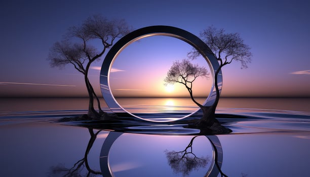 Luminous Minimalism 3D Arch, Trees, and Clouds AI generated photo