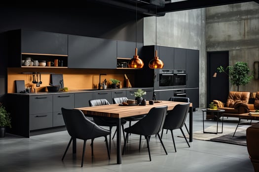 Luxury kitchen interior design with black walls, concrete floor, dark wooden countertops, black cupboards and dining table with black chairs.  Generative AI photo