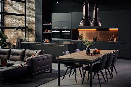 Luxury kitchen interior design with black walls, concrete floor, dark wooden countertops, black cupboards and dining table with black chairs.  Generative AI photo