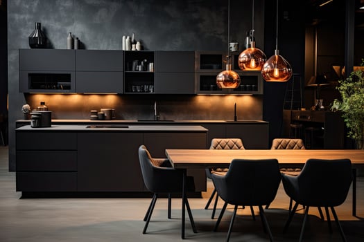 Luxury kitchen interior design with black walls, concrete floor, dark wooden countertops, black cupboards and dining table with black chairs.  Generative AI photo