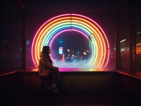 round glowing neon light and fog background. AI Generative photo