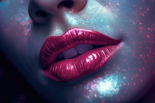 Closeup shot of beautiful female lips with red glossy lips makeup, ultra close up ai generated illustration of a woman's lips with vivid lipstick with glitter, AI Generated photo