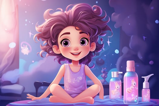 Toddler girl with bottles with children's skin care cosmetics in cartoon style. Baby skin care. Generated by artificial intelligence photo