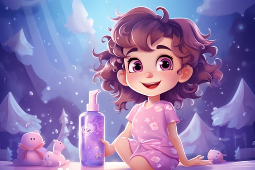 Little girl with bottle with children's skin care cosmetics in cartoon style. Baby skin care. Generated by artificial intelligence photo