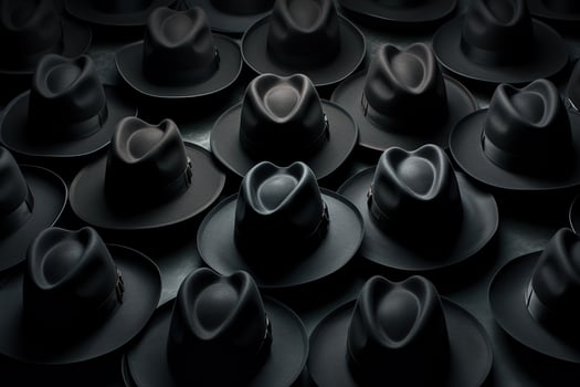 Many black hats on a black background. Generated by artificial intelligence photo