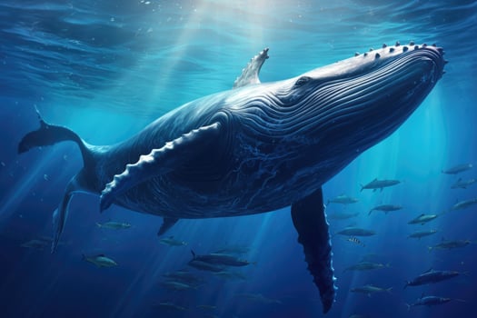 Whale swimming in the ocean. Underwater world. 3d rendering, Whale swimming in the deep blue sea. Humpback whale in the ocean, AI Generated photo