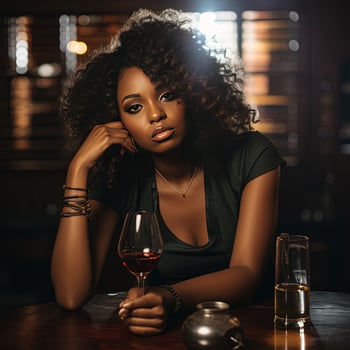 Black young beautiful woman drinking alcohol. Alcohol abuse social problem. AI Generative photo
