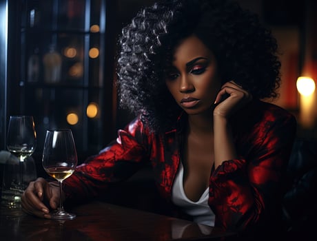 Black young beautiful woman drinking alcohol. Alcohol abuse social problem. AI Generative photo