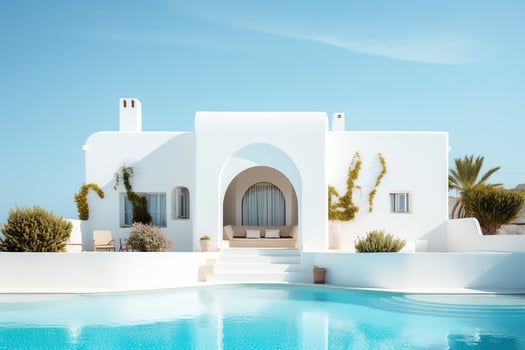 Traditional mediterranean house with swimming pool in summer vacation, AI Generated photo