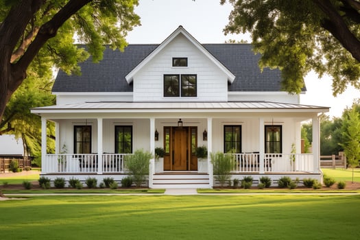 Exterior of front doorway luxury farm style house in countryside, AI Generated photo