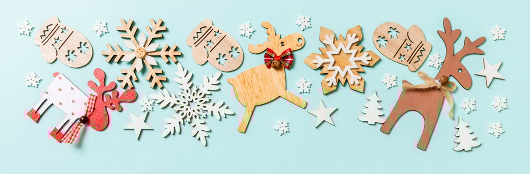 Top view Banner of holiday decorations and toys on blue background. Christmas ornament concept with empty space for your design photo