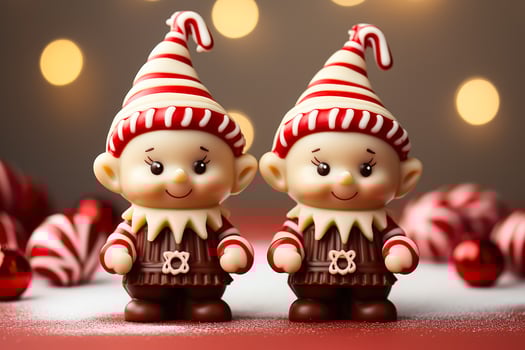 Artisan chocolate elves with candy cane accessories isolated on a gradient background photo