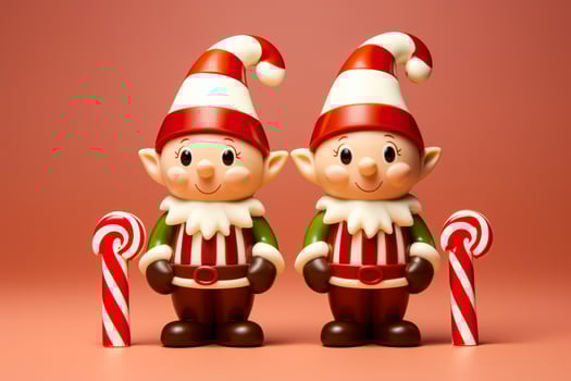 Artisan chocolate elves with candy cane accessories isolated on a gradient background photo