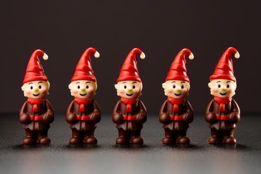 Artisan chocolate elves with candy cane accessories isolated on a gradient background photo