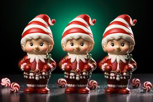 Artisan chocolate elves with candy cane accessories isolated on a gradient background photo