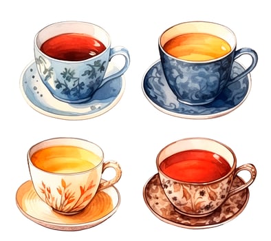 watercolor drawing, set of tea cups. vintage illustration, classic english tea. AI generated photo