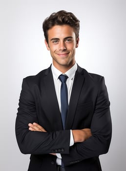 Ai Generative photo confident young businessman in suit standing with arms folded