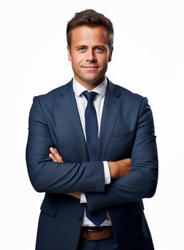 Ai Generative photo confident young businessman in suit standing with arms folded
