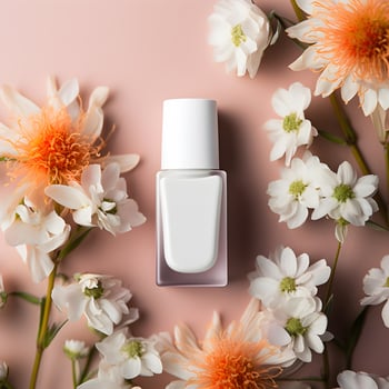 Blank white nail polish bottle mockup with flowers background. Generative AI photo