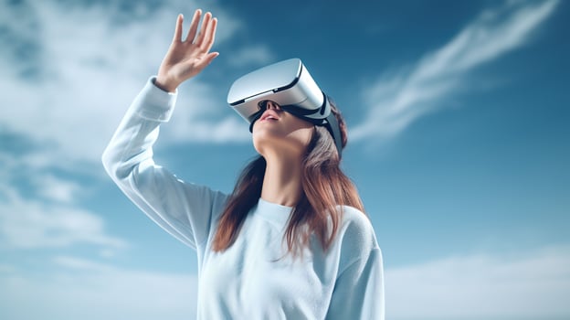 Young woman wearing virtual reality glasses against a sky. Concept of future technology.AI Generated photo