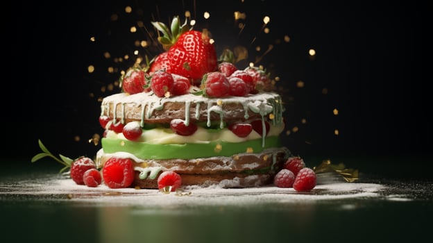 Birthday cake with cream and fresh berries on a dark background - AI generated photo