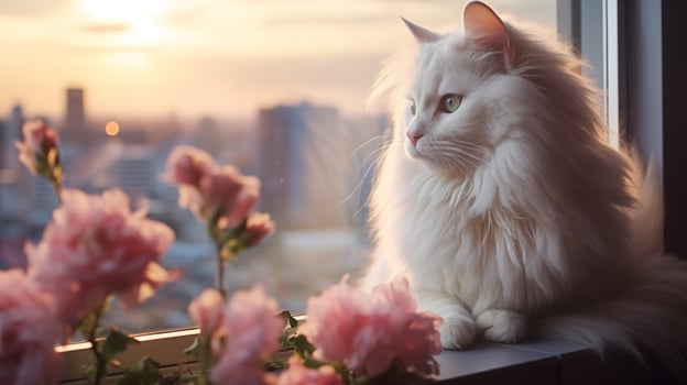 Beautiful white cat sitting on the window sill with pink flowers in the city. AI Generated photo