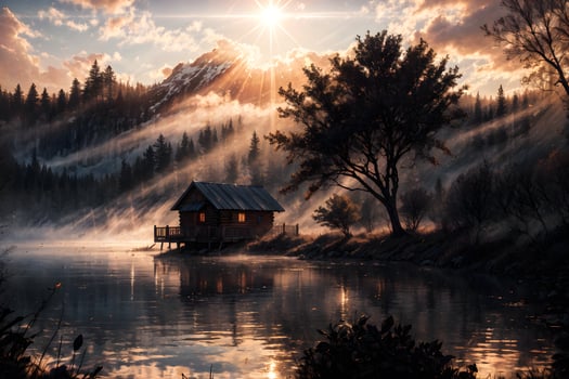 AI generated Golden Hour Ethereal Dreamy Lake House Ai Generative photo