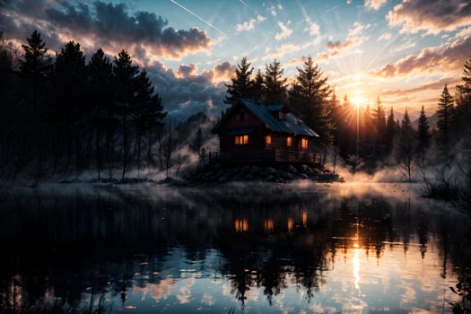 AI generated Golden Hour Ethereal Dreamy Lake House Ai Generative photo
