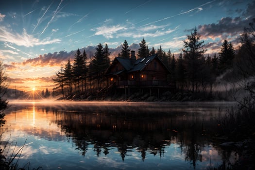 AI generated Golden Hour Ethereal Dreamy Lake House Ai Generative photo