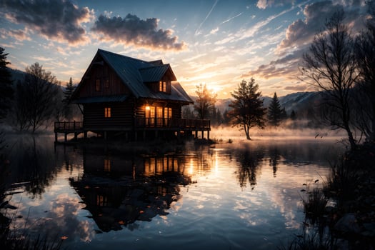 AI generated Golden Hour Ethereal Dreamy Lake House Ai Generative photo