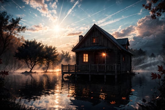AI generated Golden Hour Ethereal Dreamy Lake House Ai Generative photo