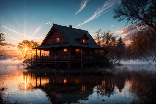 AI generated Golden Hour Ethereal Dreamy Lake House Ai Generative photo