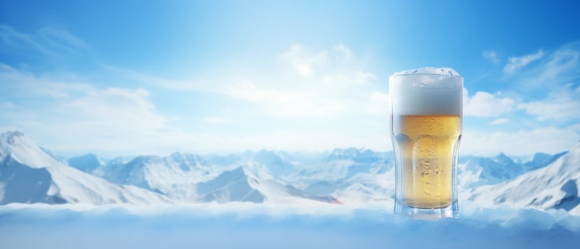 Glass of beer against snowy mountains against blue sky with clouds. AI Generated photo