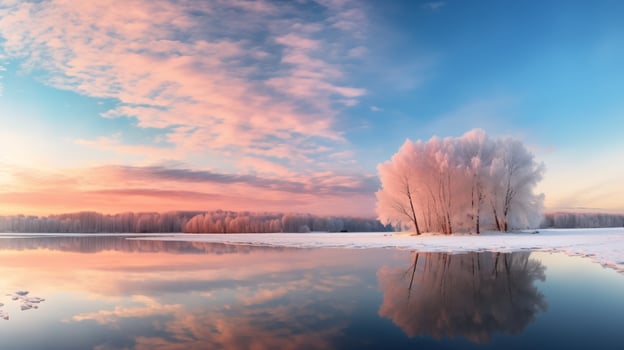 Beautiful winter landscape with trees on the shore of a frozen lake at sunset. AI Generated photo