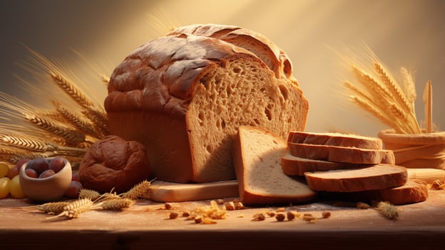 bread and wheat on a table with a light behind it. AI Generated photo