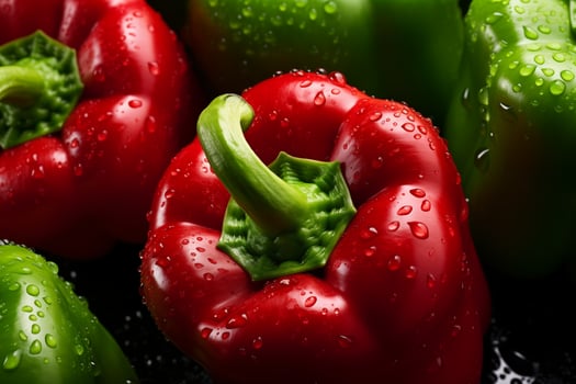 Fresh red and green bell peppers with water drops on black background, closeup. AI Generated photo