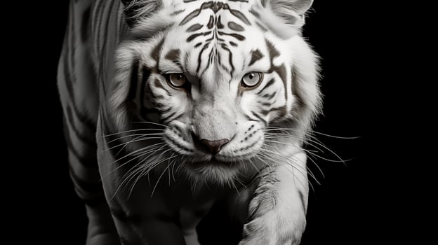 White tiger in front of a black background. Black and white photo. AI generated photo