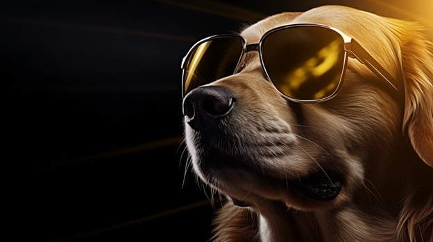 Golden Retriever dog wearing sunglasses and looking up on black background. AI generated photo