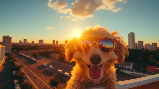Cute dog in sunglasses on the background of the city at sunset. AI generated photo