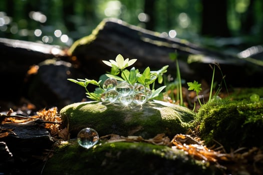 Wild flowers with large drops of water on a stone in the forest. Blurred forest background. Generative AI photo
